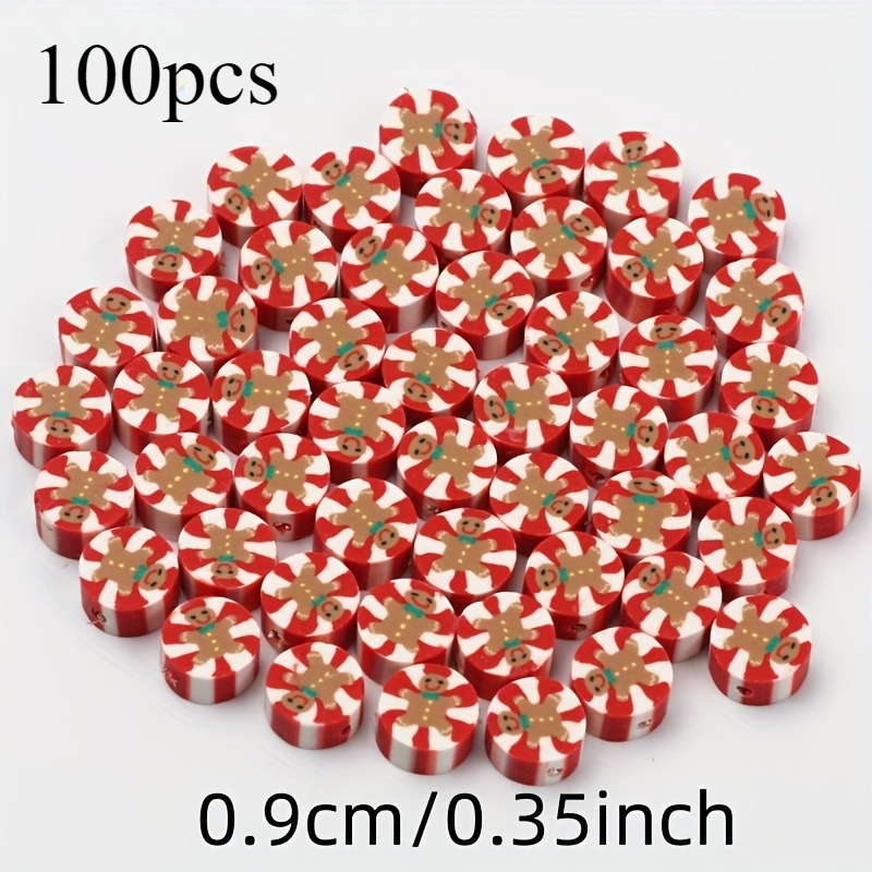 TEMU 100pcs 9mm Polymer Clay Gingerbread For Man Spacer Beads - Red And White Striped With Golden Snowflake Accents, Making Supplies For Bracelets,