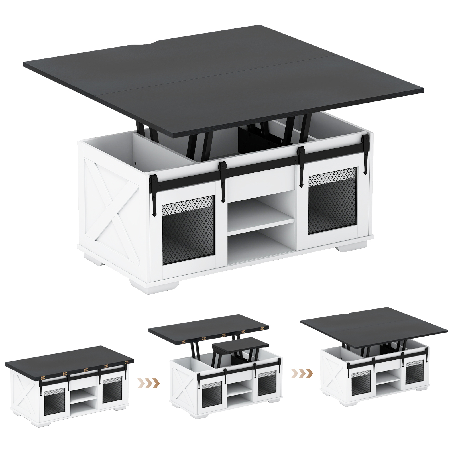 Image of Lift Top Coffee Table, 3-in-1 Convertible Dining Table With 2 Sliding Barn Doors, Open Shelves & 3 Hidden Storage Compartments, For Living Room, Black & White
