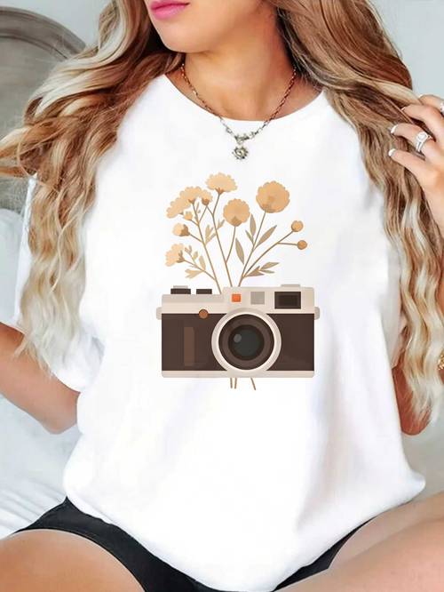 plus size womens clothing womens t shirts fashion and versatile camera with flowers print