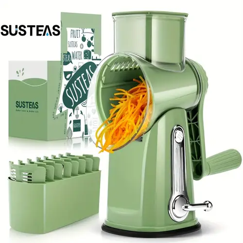 susteark rotary cheese grater with handle vegetable with 5 blades strong suction base round mandolin slicer food chopper for kitchen with blade storage box beige retro green