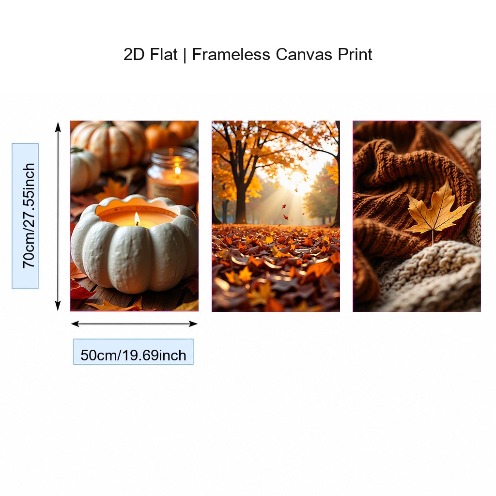 TEMU 2d Flat, 3pcs Frameless Canvas Wall Art Posters - Warm Suitable For Living Room, Cozy Modern Autumn Prints With Pumpkin, Forest Path & Knitted