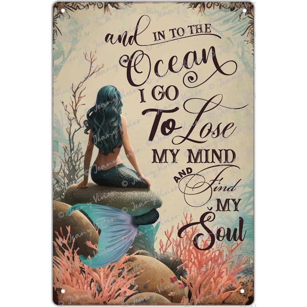 8x12 Rustic Vintage Metal Mermaid Wall Art Sign - Ocean-themed Nautical Decor With Ocean & To Lose And Soul Quote, Turquoise-haired Mermaid And Sea Creatures For Home, Cafe, Bar, Bathroom