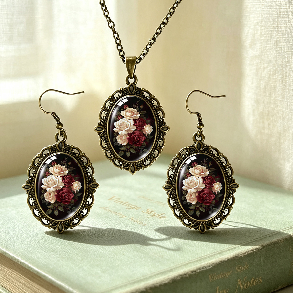 TEMU Set di gioielli da 3 pezzi con collana e orecchini a rosa da t癡 vintage e