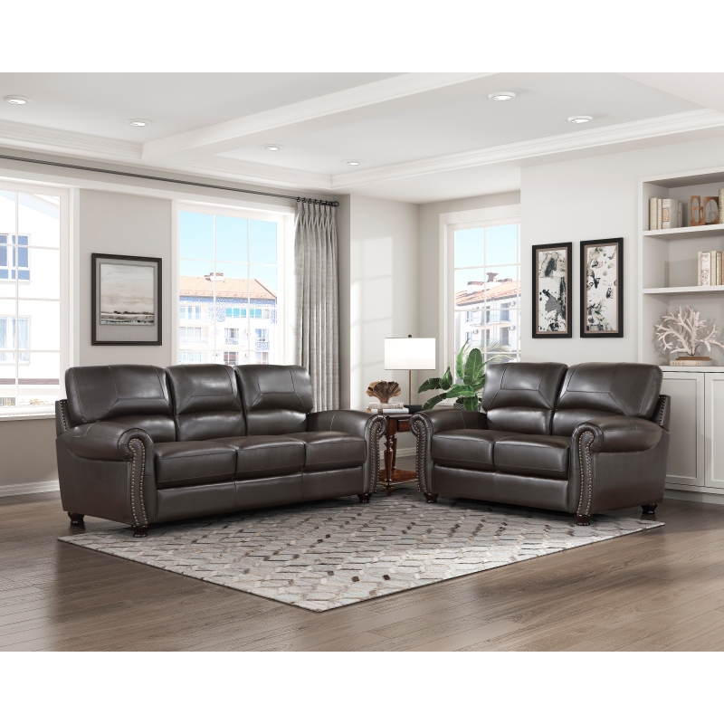 Classic Dark Brown Leather Sofa & Loveseat Set - 2 Piece