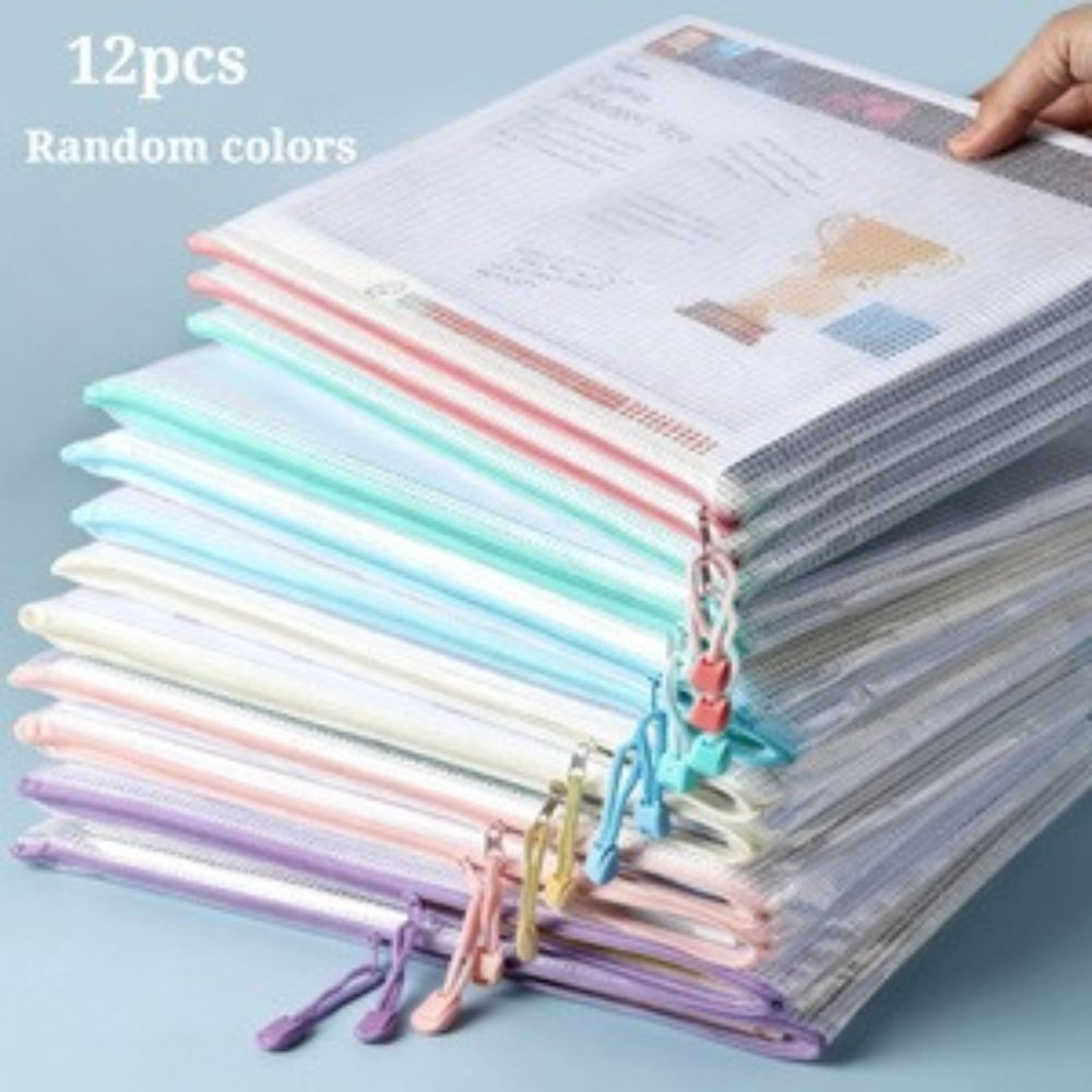 TEMU Arxr 12pcs Colorful Pvc Mesh Zipper Bags | Clear See-through File Organizer Pouches, Stackable Document Holders For Office Filing, School Work,