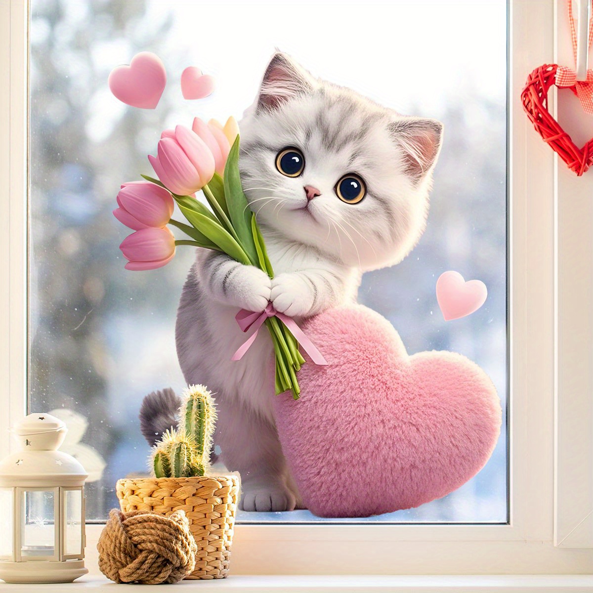 E-shop Kreative rosa herzförmige Blumenkatzen-Fensteraufkleber, statische Aufkleber, Fensterdekoration für Wohnzimmer und Schlafzimmer sowie