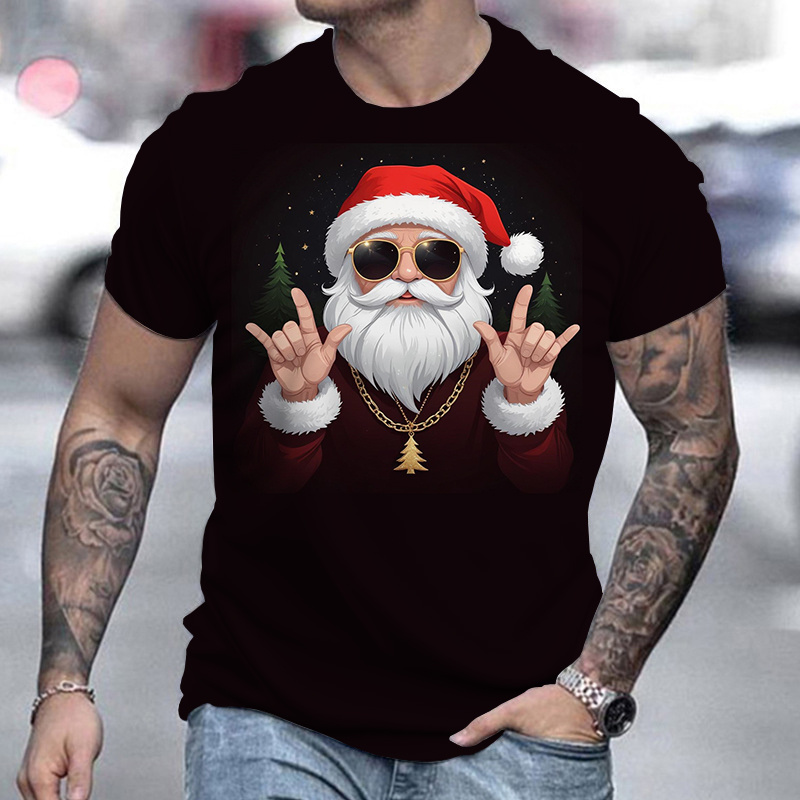 

[customer ] Men's Festive Santa Claus Print T-shirt - Casual Crew Neck, Short Sleeve, Polyester , Machine Washable - Summer