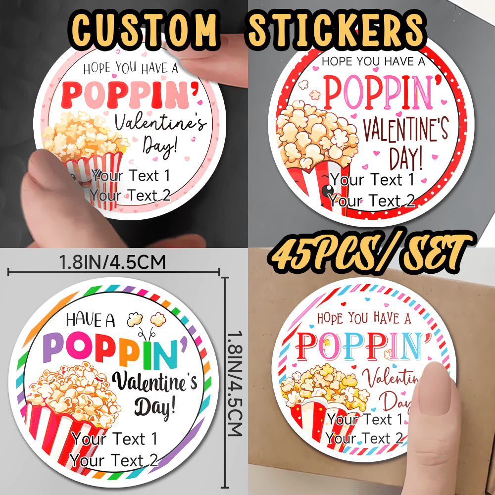 

45pcs Customizable ' Popcorn Valentine's Day Stickers, 4.5cm Waterproof & Sun-resistant, Personalized Text Gift Set, Paper Material, No Feathers, Ideal &