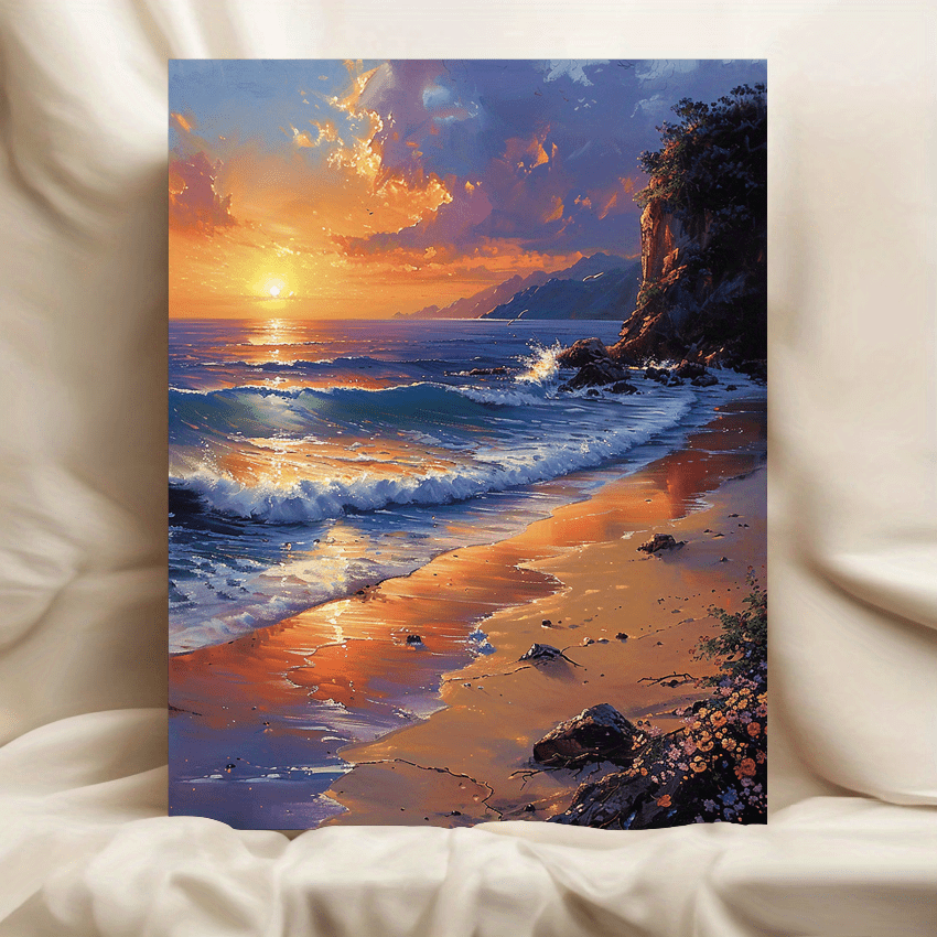 

1pc Wooden Canvas Art - Beach Sunset With Wildflowers, Vibrant Coastal Landscape For Bedroom, Living Room, Office, Or Gallery Decor, 11.8x15.7 Inch, 2d, Room Decor