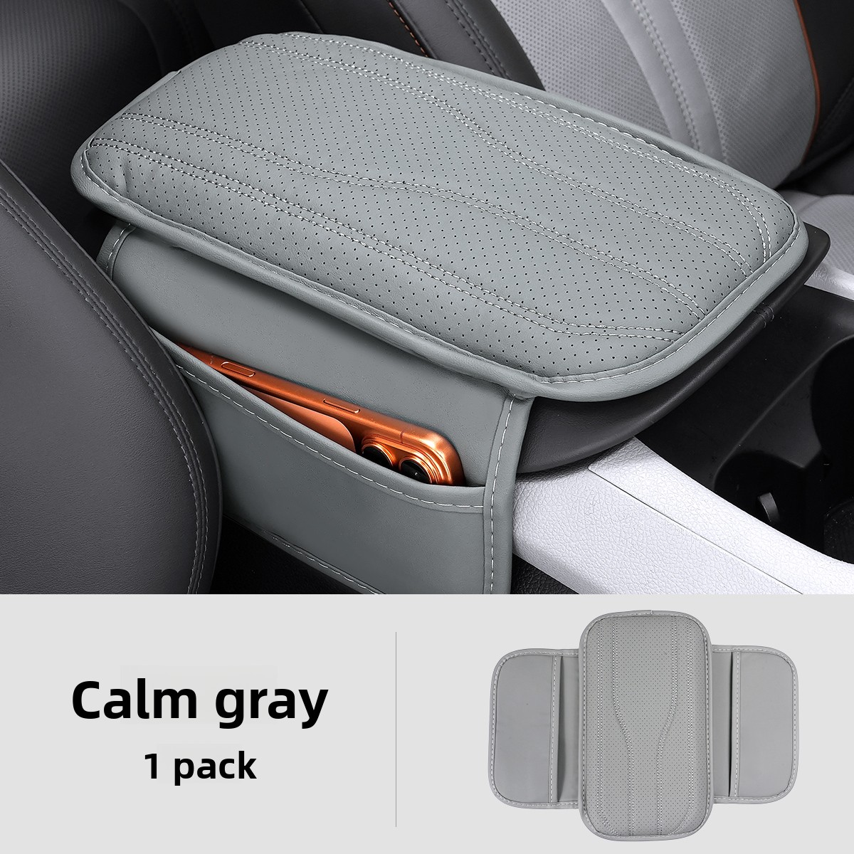 TEMU Pu Leather Car Armrest Pad With Side Storage Pocket â Durable Driver-side Organizer For Phones & Essentials, Stylish Quilted Design, Universal