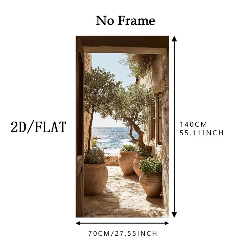 E-shop [2D Flat] . Extra Große Moderne Küsten-Leinwand Wandkunst - Landschaft Gemälde mit Olivenbaum & Griechischer Insel Ansicht - Wasserdicht &