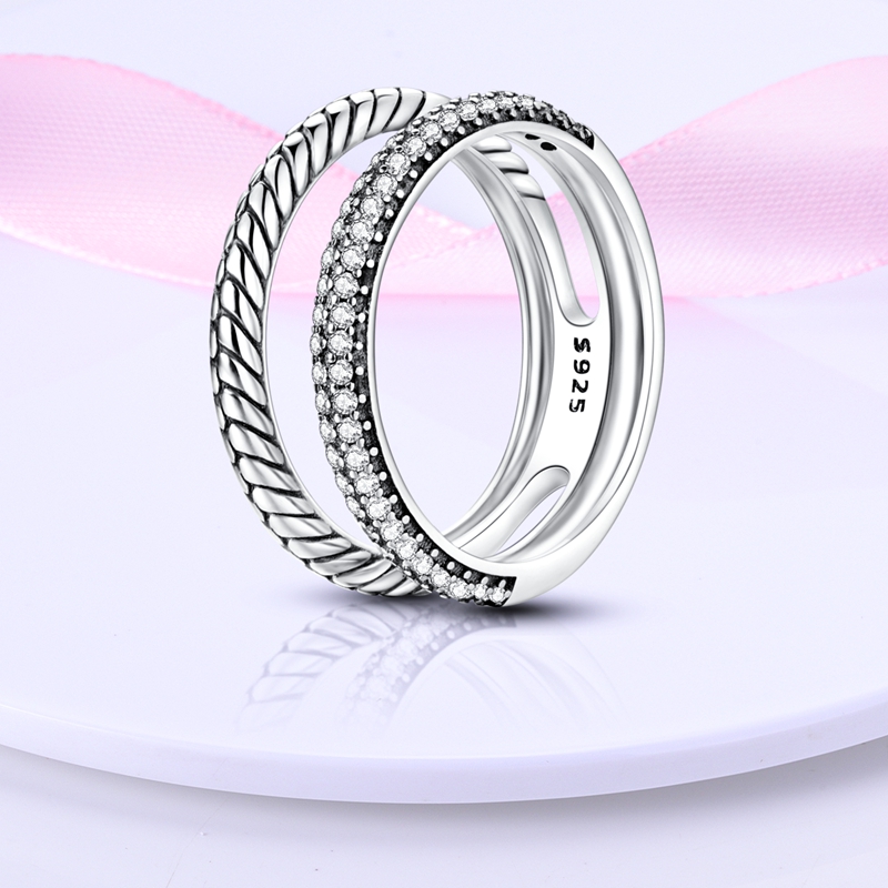 Women's 925 Silver Double Row Pave Snake Bone Texture Ring