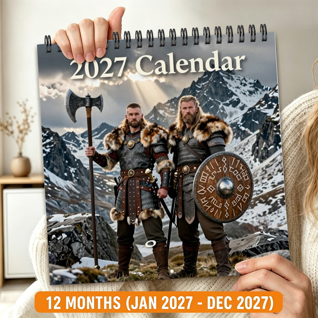 TEMU 2d Flat 1pc 2027 Desk Calendar Spiral Bound, 2d Viking Shield , Hardcore Style, 8.3x8.3 Inches, Christmas New Year/halloween, Thanksgiving Gift,
