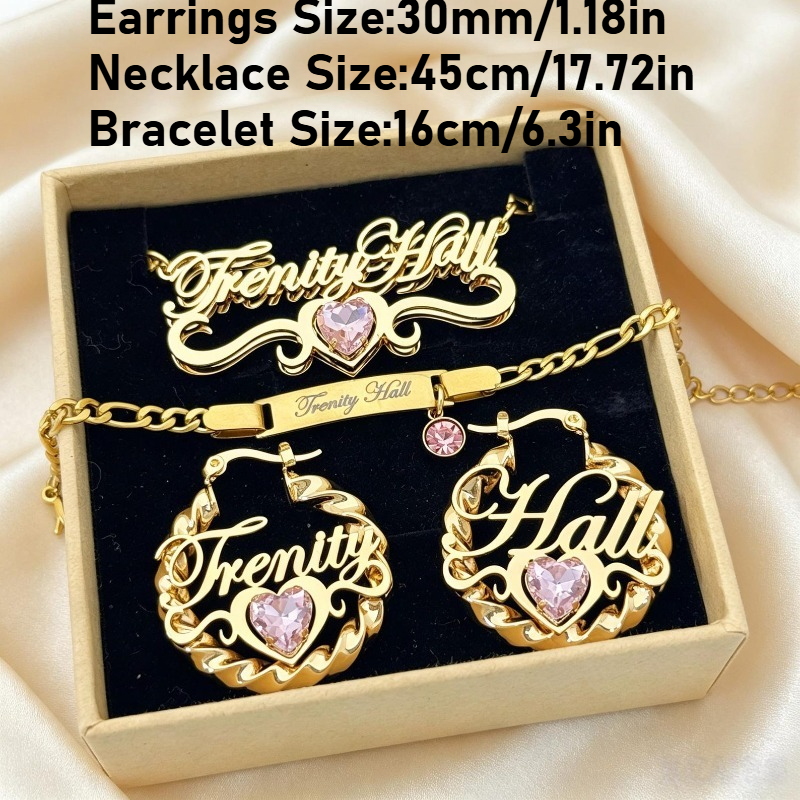 TEMU Custom Name Jewelry Set Of Three, Including Greeting Card: Double-layer Chain Necklace, Chunky Chain Bracelet, And Chunky Style Earrings.