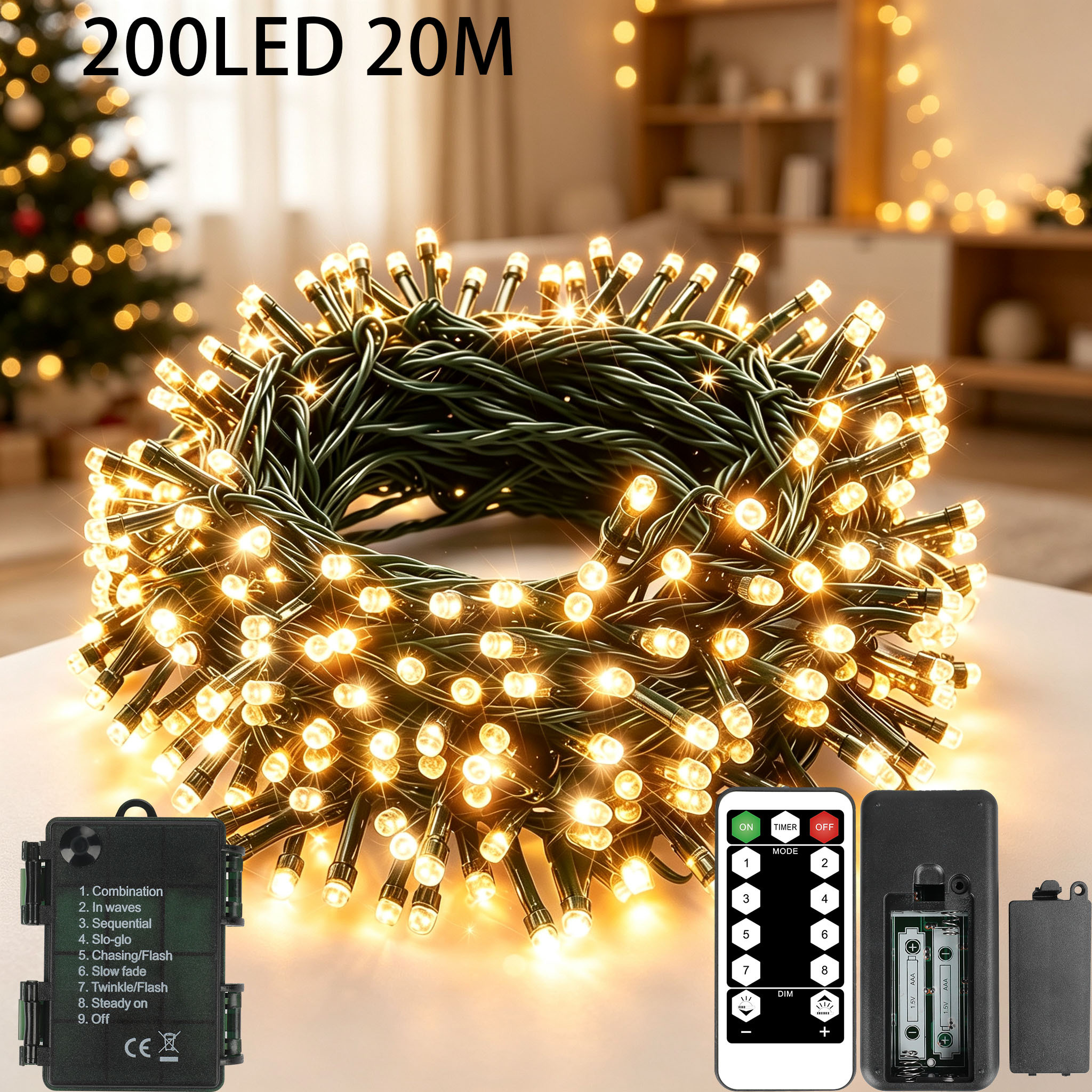 TEMU Battery-powered String Lights, 50/100/200pcs Fairy Lights, Aa Batteries, Multiple Lighting Modes, With Remote Control, Suitable For Indoor And