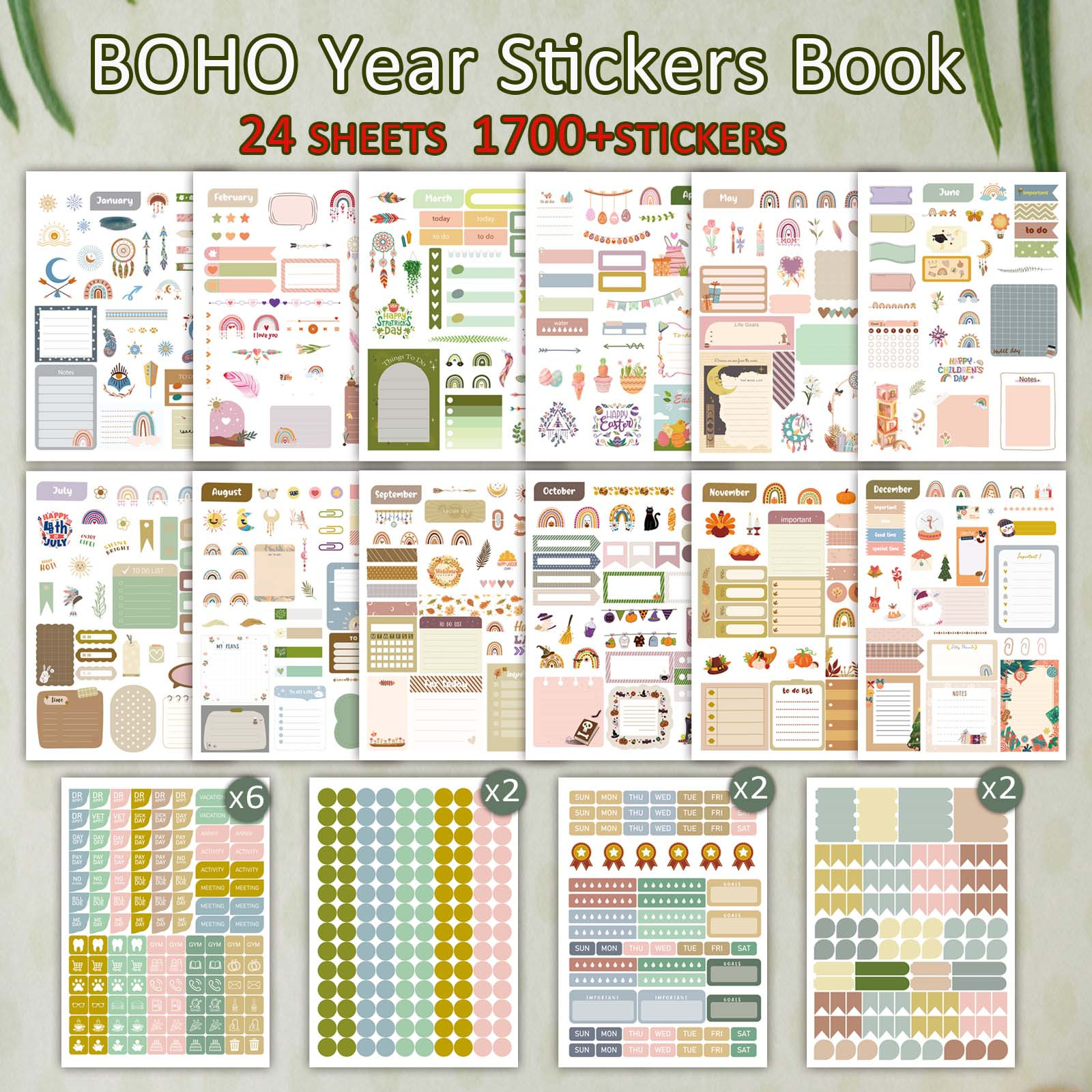 TEMU Un libro di adesivi completo per planner in stile boh矇mien, con 24 fogli con oltre 1700 adesivi. Questo libro di adesivi per planner BOHO 癡 per