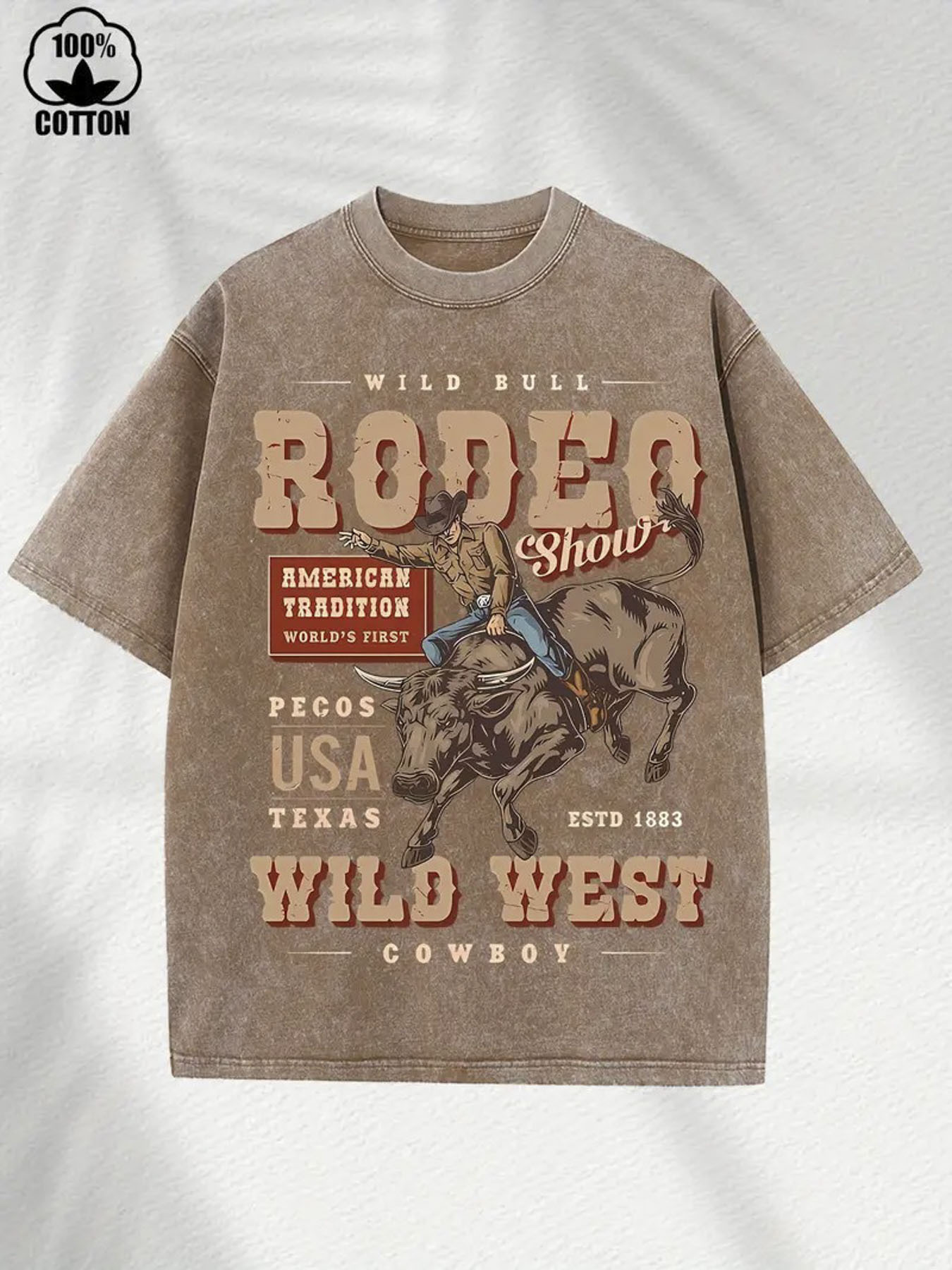 *'s Vintage Western Graphic T-Shirt 230g Washed Cotton Loose Fit Tee with  Print, Wild West Show Design American Flag Motif for Stre