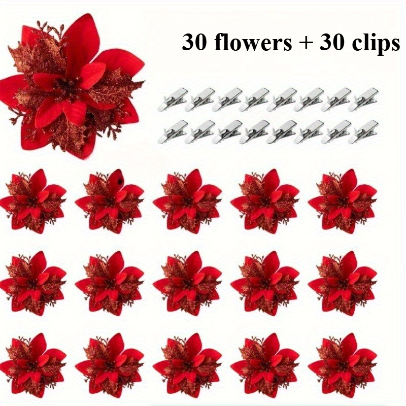 Image of 60 Glitter Flower Clips - 5.5 Inch () Large Decorations For Christmas, Weddings, New Year Gatherings - Includes 30 Flowers, 30 Clips, Easy To Hang, Best For Christmas, No Electricity Required