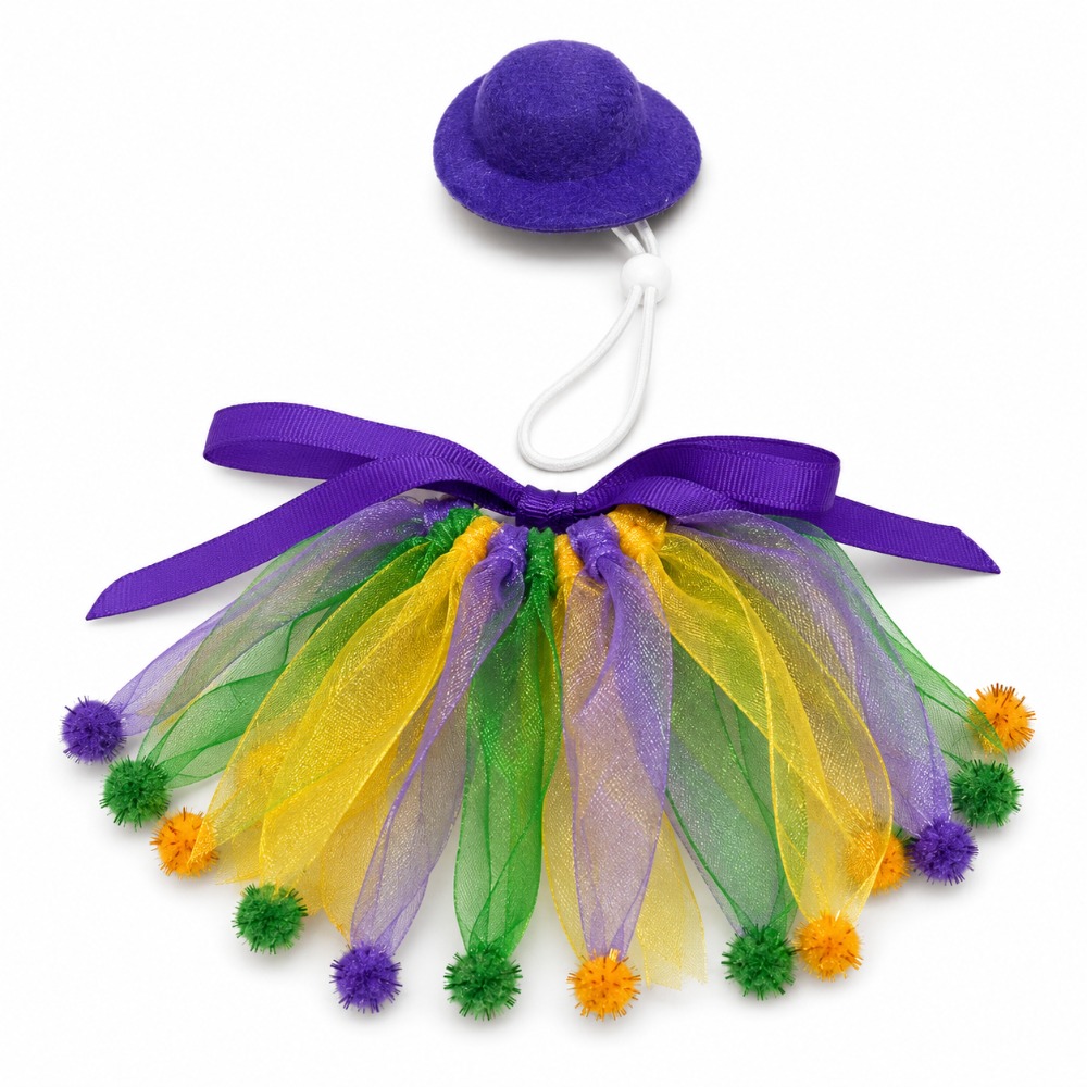 TEMU 2pcs Carnival Mini Desktop Goose Set, Including A Purple, Green And Golden Chiffon Dress (with Fluffy Decoration) And A Matching Hat. A Festive