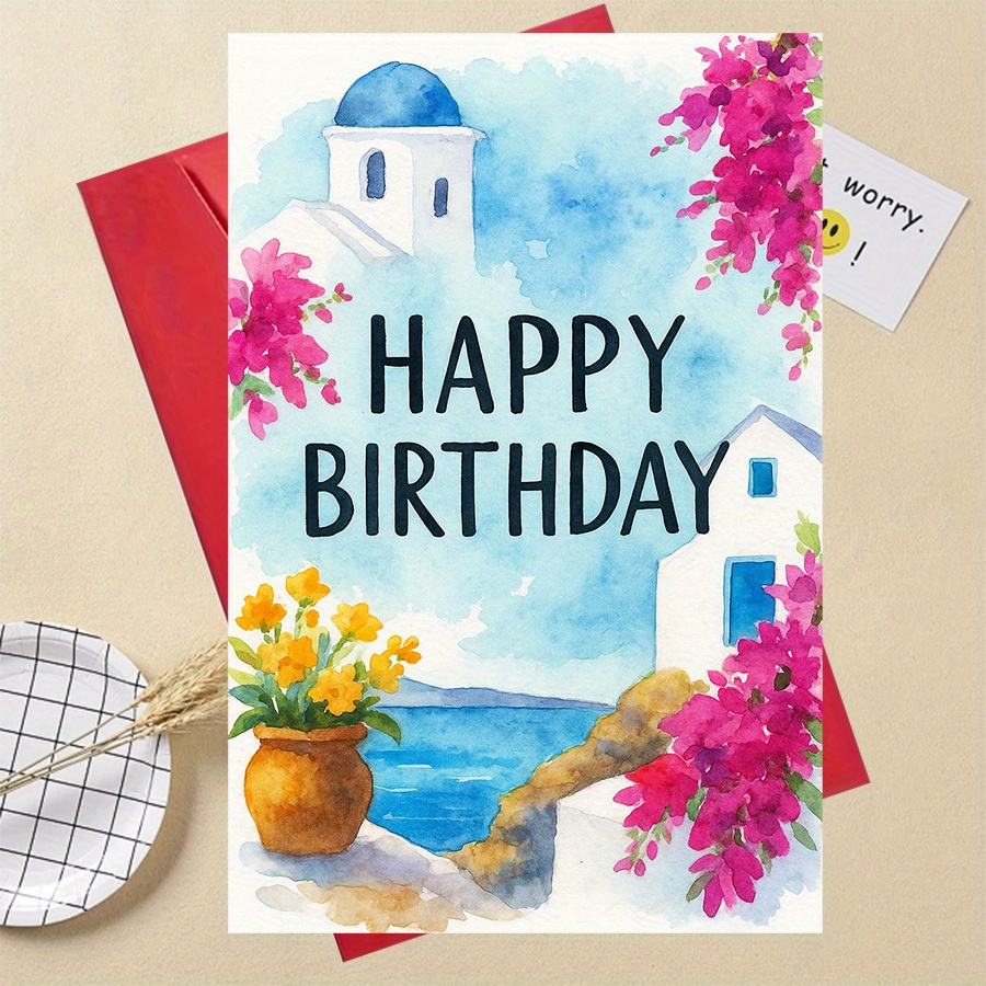 TEMU 1pc Mediterranean Greek Island Birthday Card With & White Walls - Aegean Sea Greeting Card For Greece-themed Celebrations, For , Family,