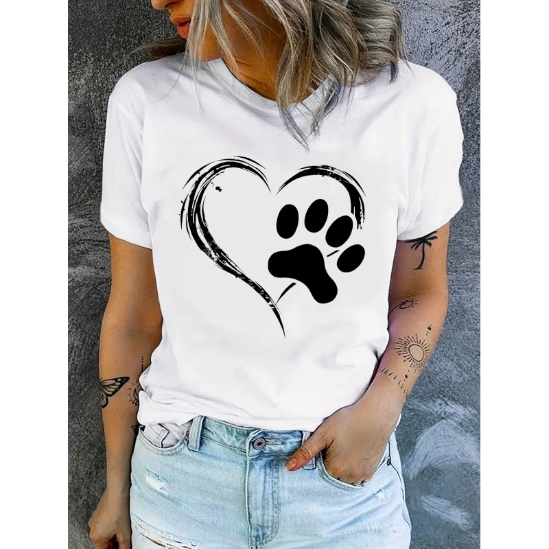 

Chic & Dog Paw Print T-shirt - Casual Crew Neck, Short Sleeve Top For Women - Perfect Valentine's Day Gift