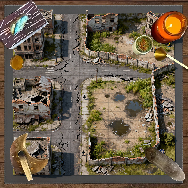 TEMU 1pc 2d Flat Apocalyptic Style City Ruins Printed Game Mat Cloth (chess Pieces Not Included), Board Game Tablecloth, Game Board Mat, Tabletop
