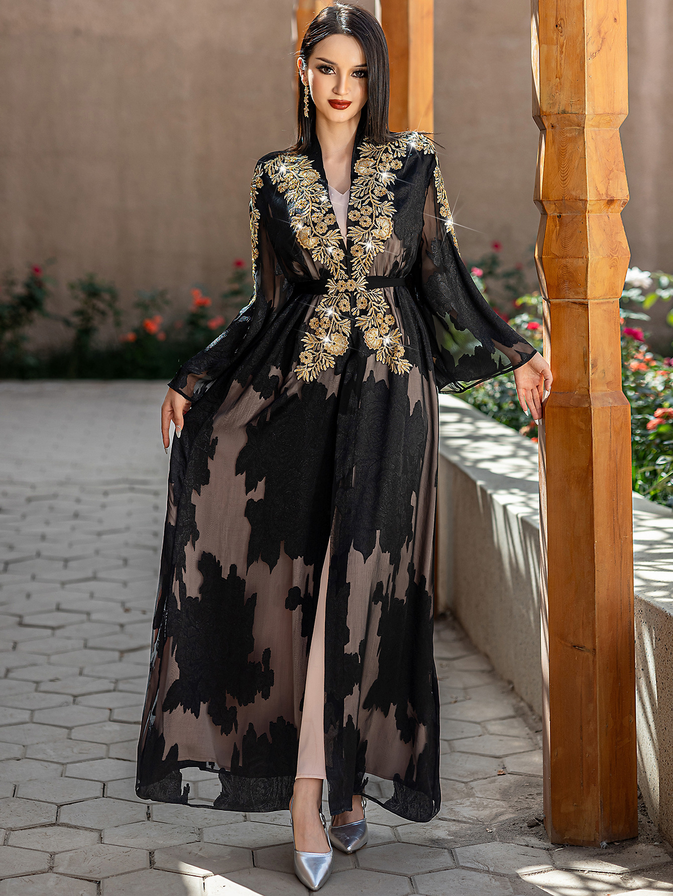two piece black golden embroidered abaya belt elegant long Temu