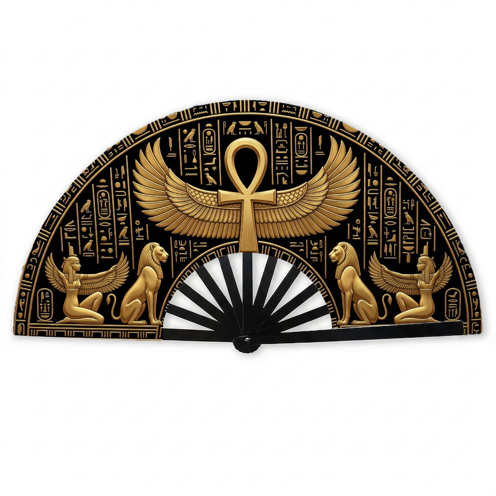 TEMU Éventail pliant 1 pièce sur le thème de l'Égypte ancienne avec imprimé Ankh ailé et Sphinx - Éventail pliable sur le thème égyptien adapté ,