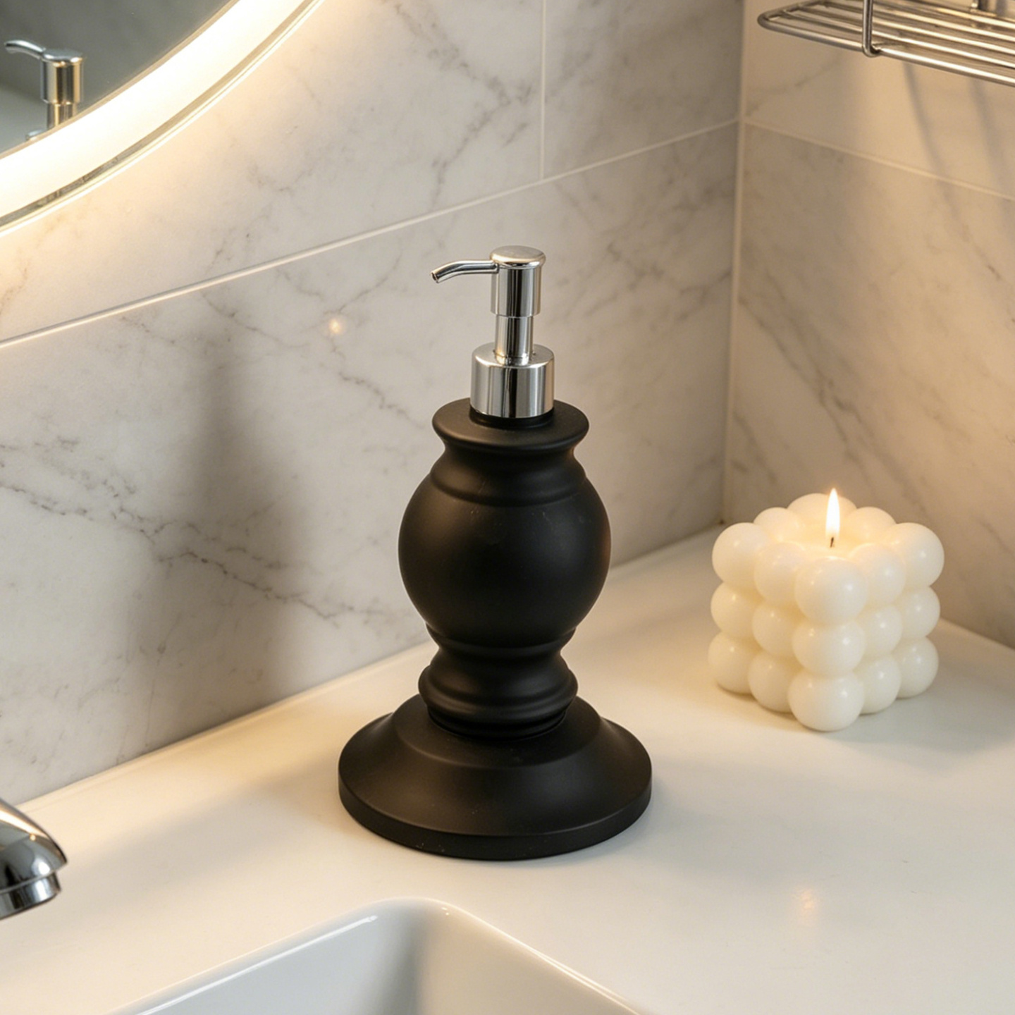 Luxury European Vintage Roman Column Soap Dispenser, Matte Black Push-Type, High-End Bathroom Liquid Hand Soap Pump Bottle, Suitable for Hotel and Home Decor