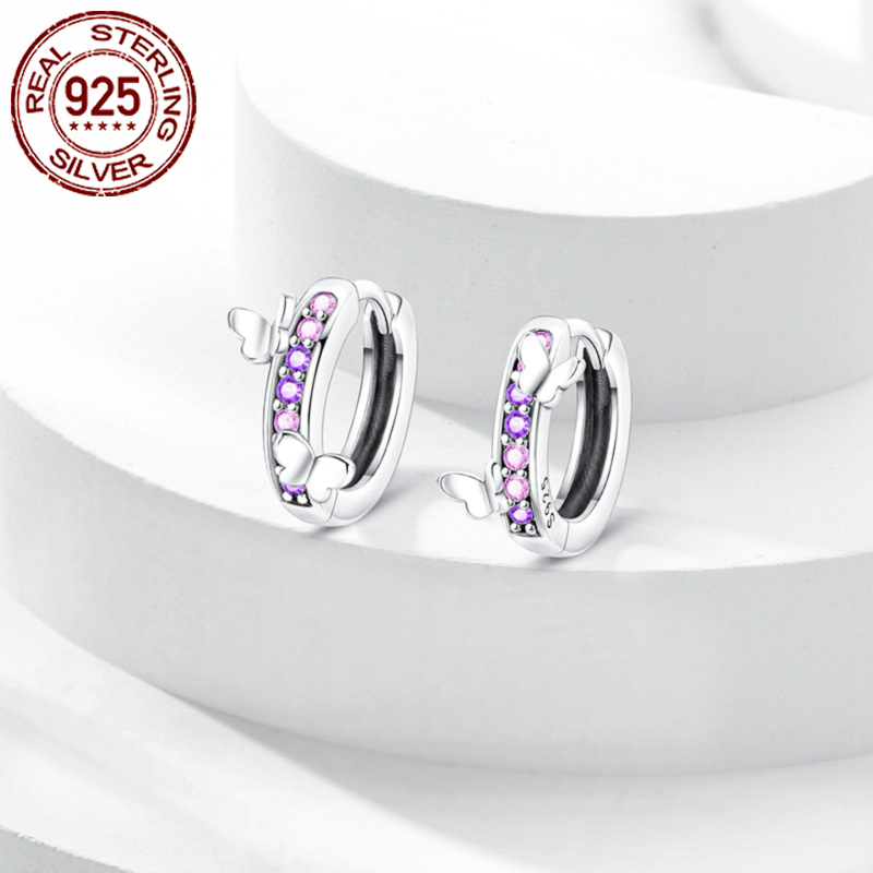 Women's 925 Silver Pink and Purple Butterfly Earrings, Gift