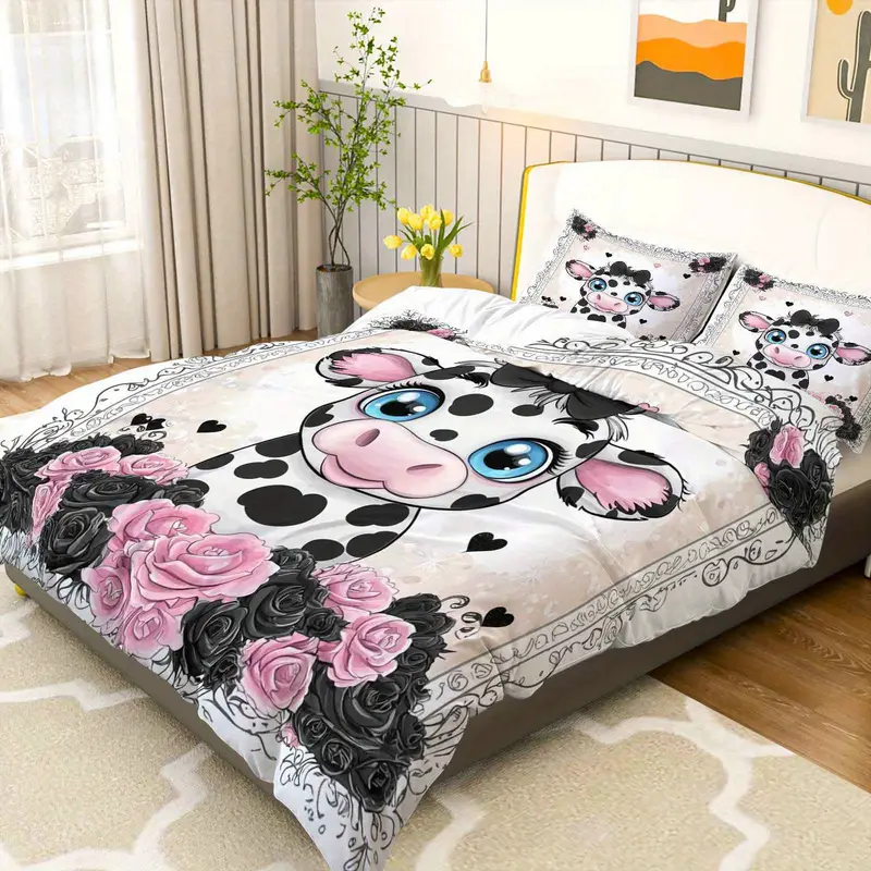 3pcs duvet cover set, 1 duvet+2 pillowcases(without filler), rose cow pattern theme, valentine s bedding set, elegant romantic suitable for decoration bedroom guestroom wedding room , holiday decoration, , stylish duvet, romantic theme, durable cover, textile, pillowcase set, decorative bedding, , couples gift Product details 3