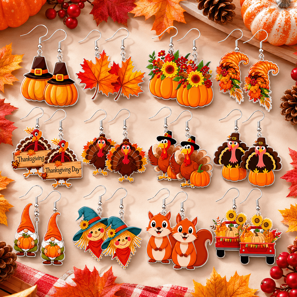 TEMU 12 Pairs Women's Thanksgiving Dangle Acrylic Earrings Set, Turkey, Pumpkin, And Maple Leaf Harvest Autumn Earrings, Whimsical Fall Jewelry For