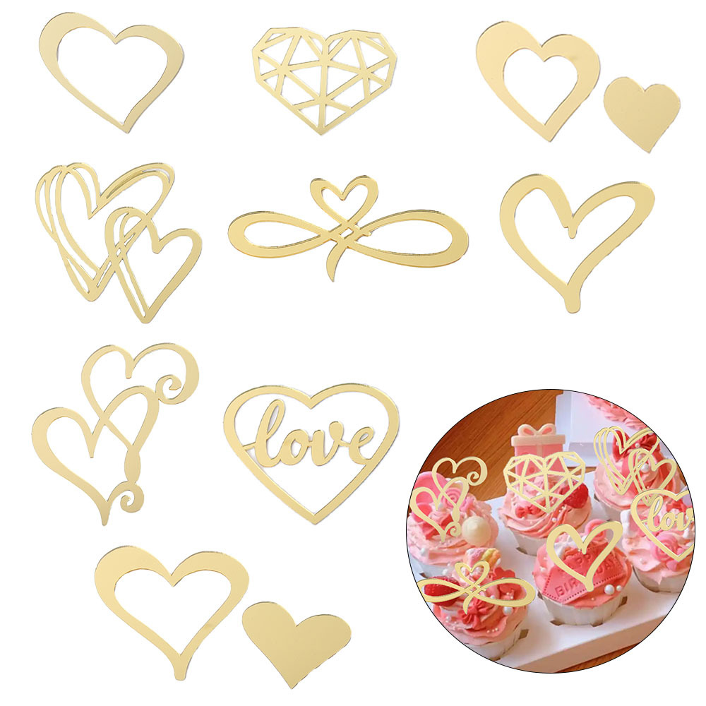 

9pcs Set Acrylic Heart Cake Toppers - Golden Cake Decorations For Valentine's Day - No Feathers, Cake Decor For Celebrations