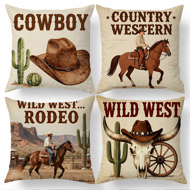 TEMU Set Of 4 Western-themed Cushion Covers Featuring A Beige Cowboy Design, Perfect For Home And Kitchen Use. Decorative Covers Are Great For