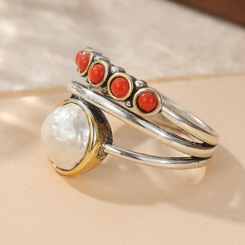 Vintage Red & White Round Bead Copper Ring, Elegant Multi Circle Design