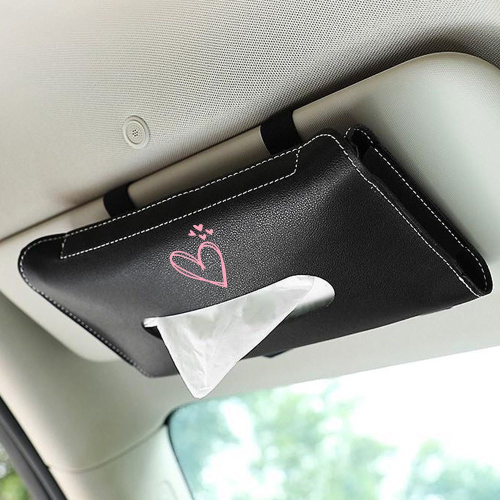 TEMU 1pc Pu Leather Heart Print Car Tissue Box Holder, Sun Visor Hanging Napkin Storage Organizer, Universal Vehicle Interior Decor Car Accessory