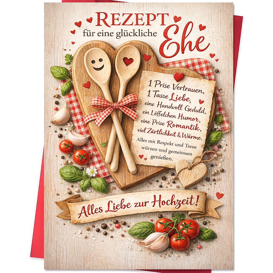 TEMU 1 Grußkarte + 1 Umschlag, . herzförmiges Holzplättchen mit Löffeln und Rezeptkarte für frischverheiratete Paare als Hochzeitsgeschenk