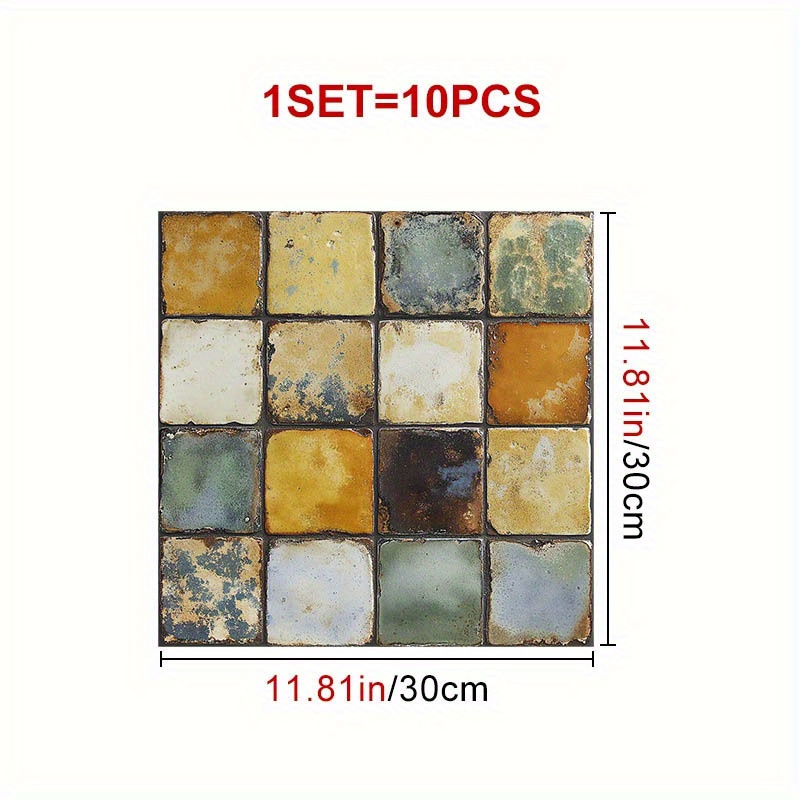 TEMU 10pcs/set Retro Yellow Blue Grain Mosaic Tile 2d Pattern Pvc Floor Stickers, Self-adhesive Art Decor Decals, 11.81x11.81 Inches (30×30cm),