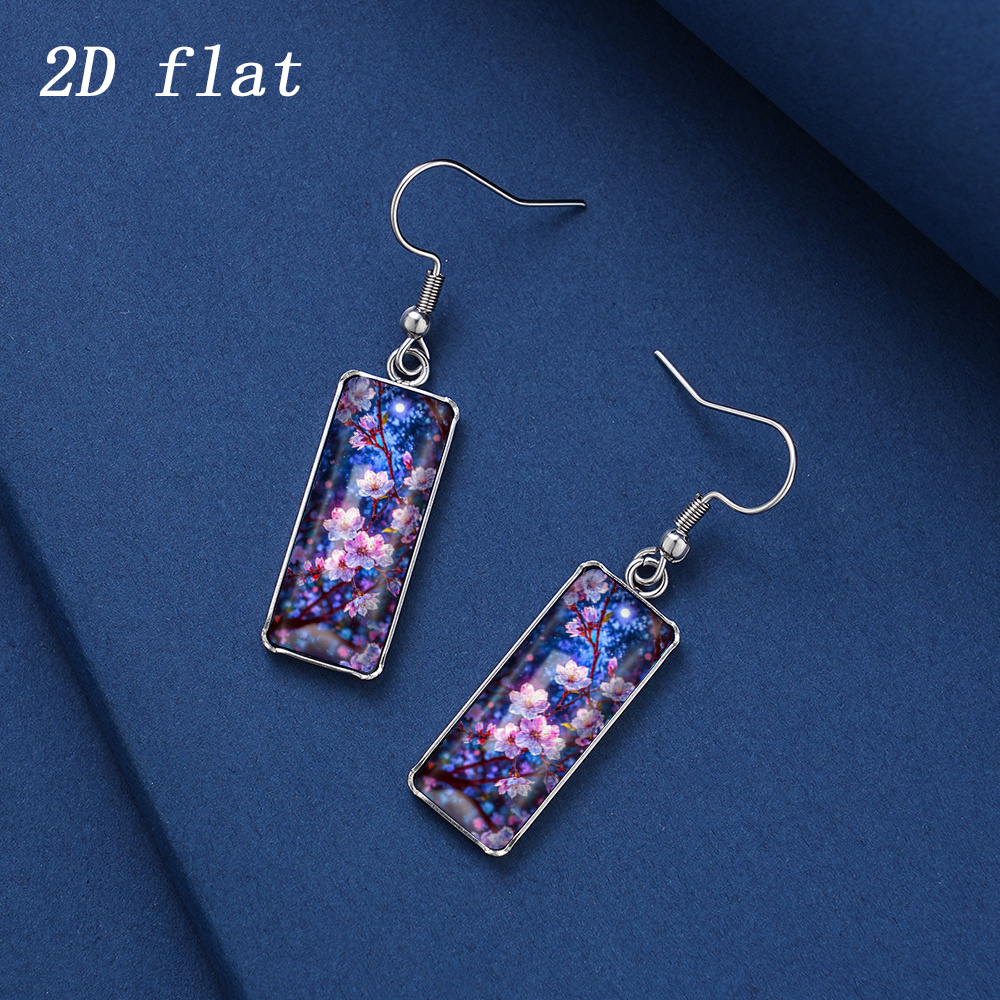 Women's Moonlit Starry Sky & Cherry Blossom Pattern Glass Earrings