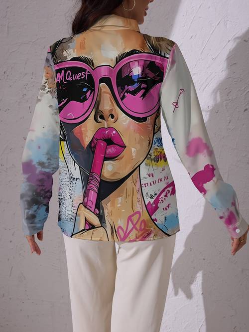 printed design not textured new womens long sleeve shirt with pink sunglasses and lip tint background colorful splatter graffiti style pattern versatile casual washable fabric button embroidered shirt
