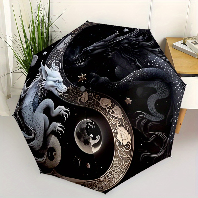 Yin Yang Dragon Design Fashionable Automatic Opening/Closing Folding Umbrella with 8 Iron Bones, Plastic Handle, Windproof Portable Sunshade Umbrella Halloween and Christmas gifts A164