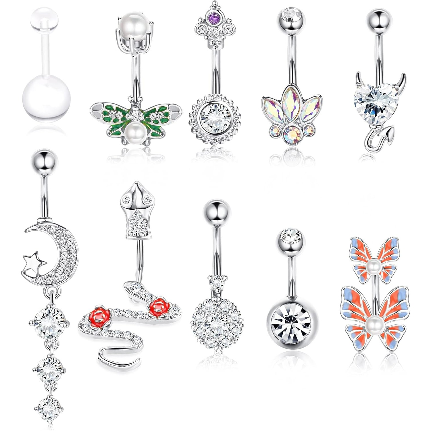 10pcs Surgical Steel Belly Button Rings For Women Dangle Belly Piercing Dangling Cute Snake Navel Rings Pack