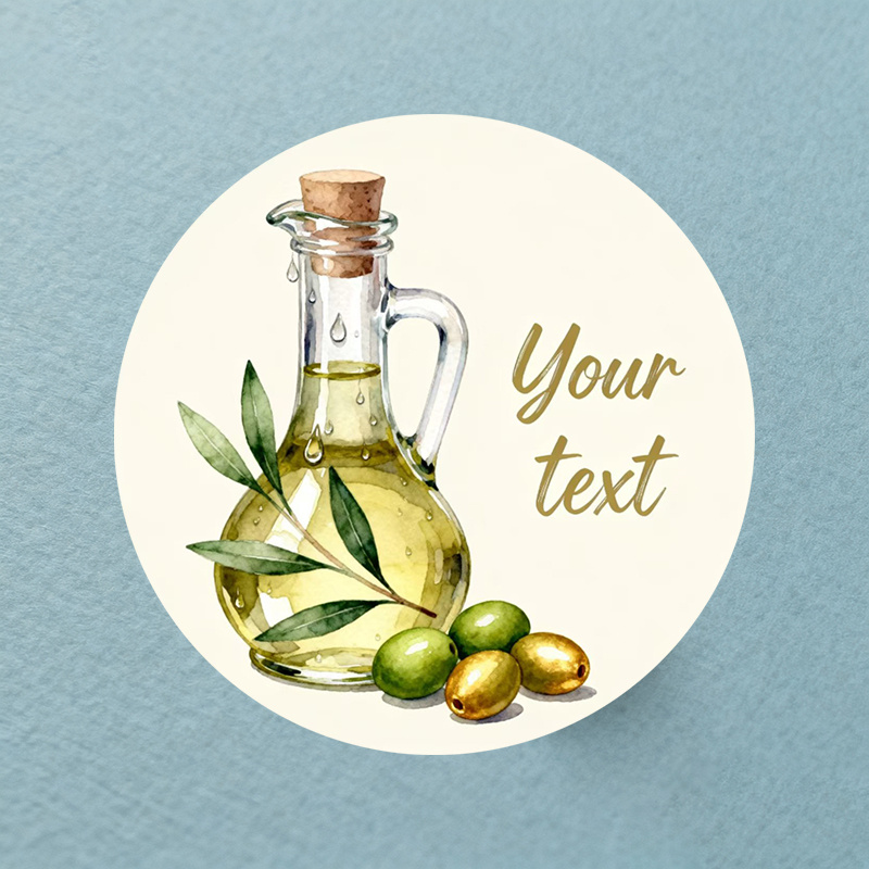 TEMU Personalizzata per Olio - Aggiungi il Tuo Messaggio! Design Naturale con una Bottiglia di Olio Circondata da Olive e Rami, su Sfondo Pulito.