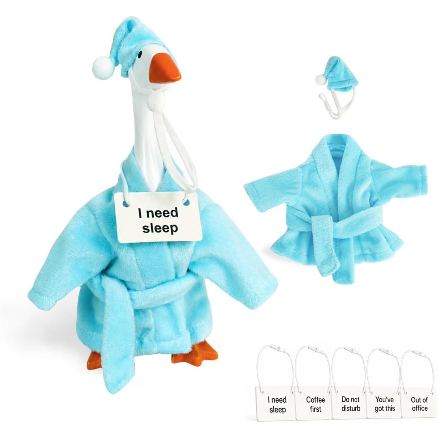 TEMU 7pcs Set: 7-inch Desktop Goose Bathrobe Outfit, Robe, Hat, 5 Welcome Signs, Home And Office Decoration, Desktop Dress-up Costume For Decorating