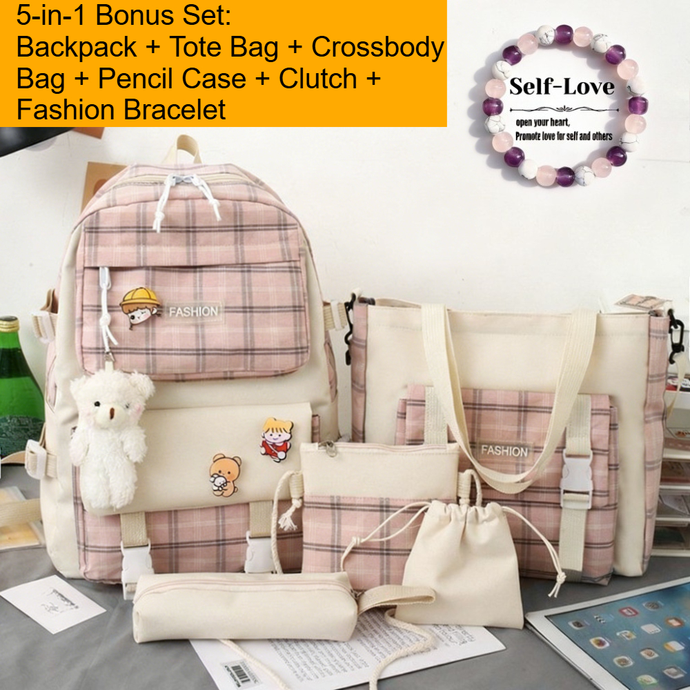 Minimalist Color Block Backpack Set with Tote Bag Pencil Case Wallet Lunch Bag 4 Pcs Water-Resistant School Backpack Set Multi-Pocket  main image 3