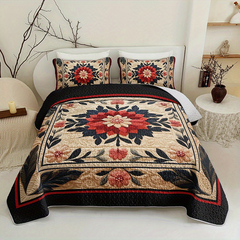 2 3pcs large floral print vintage durable quilted bedding set 1 fitted sheet 1 2 pillowcases pillow inserts not included   size for home dorm use breathable and easy to care