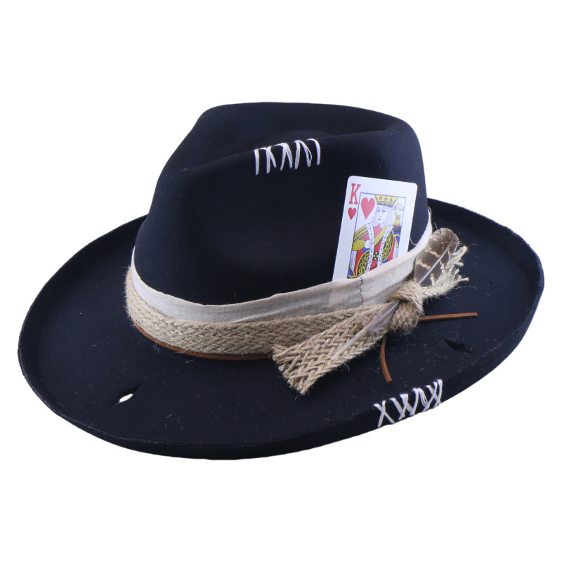 Image of A Tweed Flat Brim Jazz Hat | Pleated Wide-brim Top Hat With Tweed, Decorative Hat Bands With Playing Card Fabric Ribbon Bows, Warm And Thickened Style, Autumn/winter Daily Wear Top Hat