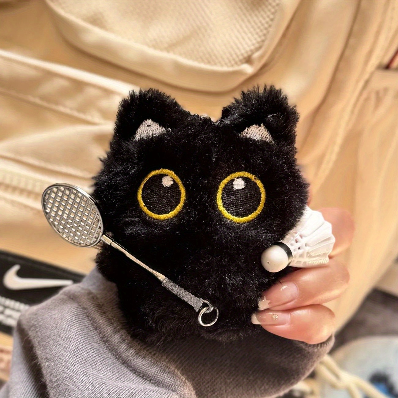 TEMU 【新商品】黒猫 ぬいぐるみ バドミントン キーホルダー ボールホルダー 限定ドールバッグ アクセサリー カップル キーホルダー