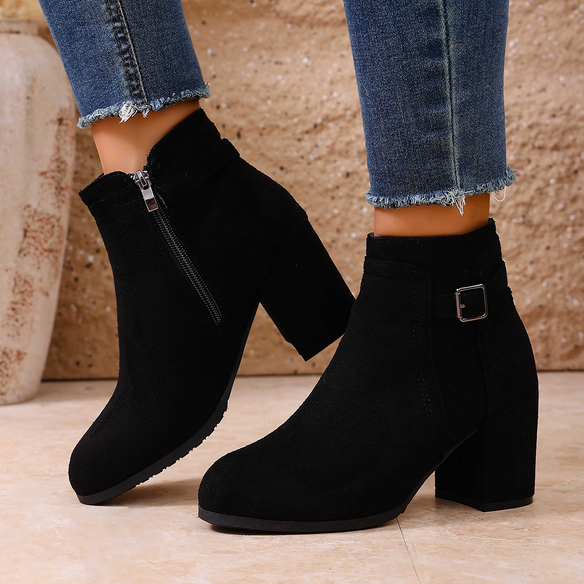 TEMU Autumn Winter New Style, Metal Chunky Heel Ankle Boots, Side Zipper Round Toe Booties, Retro Style Versatile Mid-heel Comfortable Daily Casual