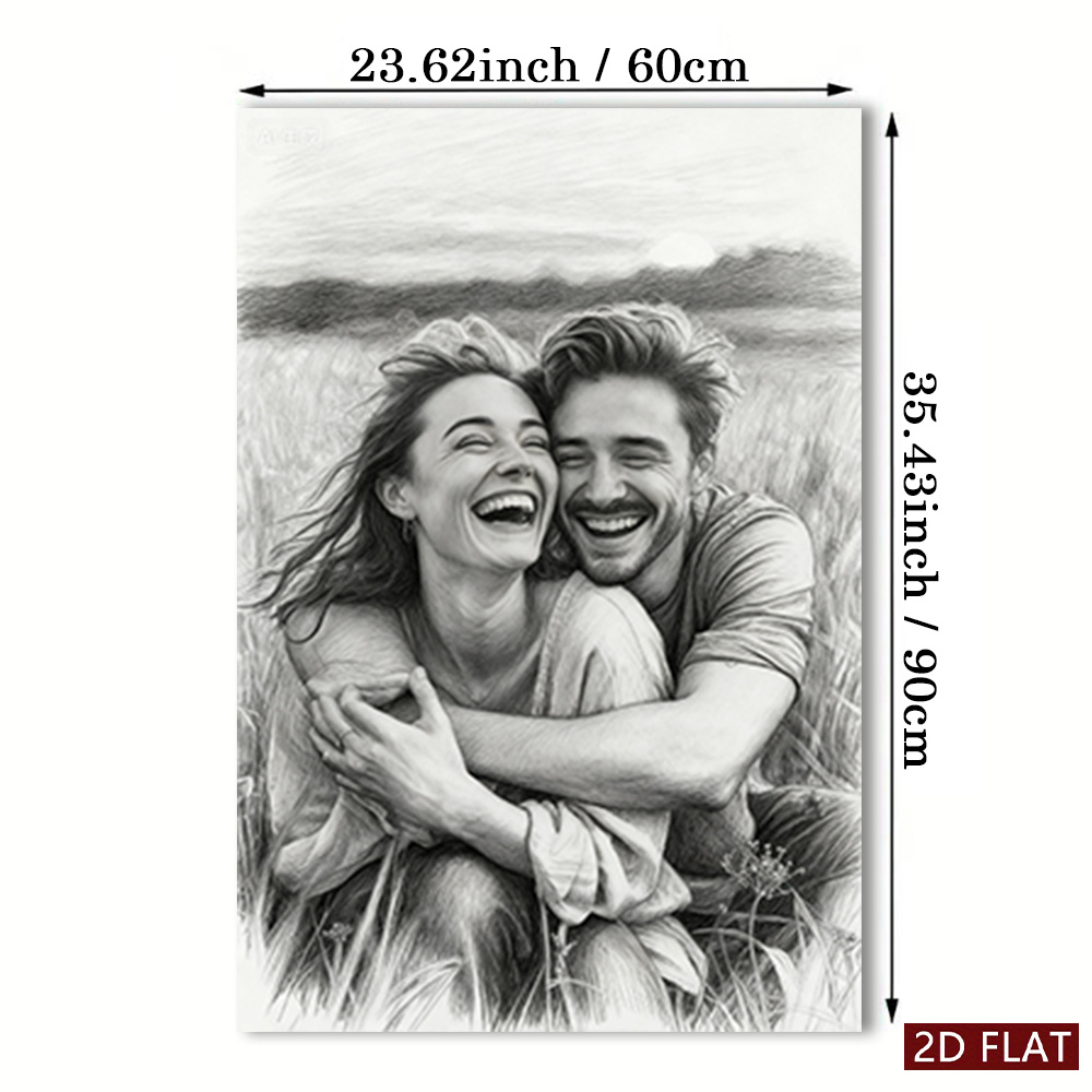 E-shop 2D Flach, 1 Personalisiertes Paarfoto Kohlezeichnung - Zeichenstil Paar Rahmenloses Leinwandposter, 2D Flach Kunstdruck, Kunstdekoration,